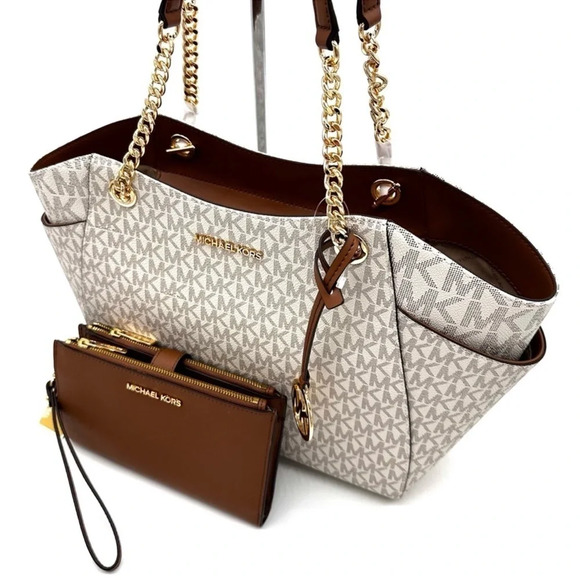 Michael Kors Large Jet Set Travel Chain Shoulder Bag & Double Zip Wallet Vanilla - Picture 11 of 14